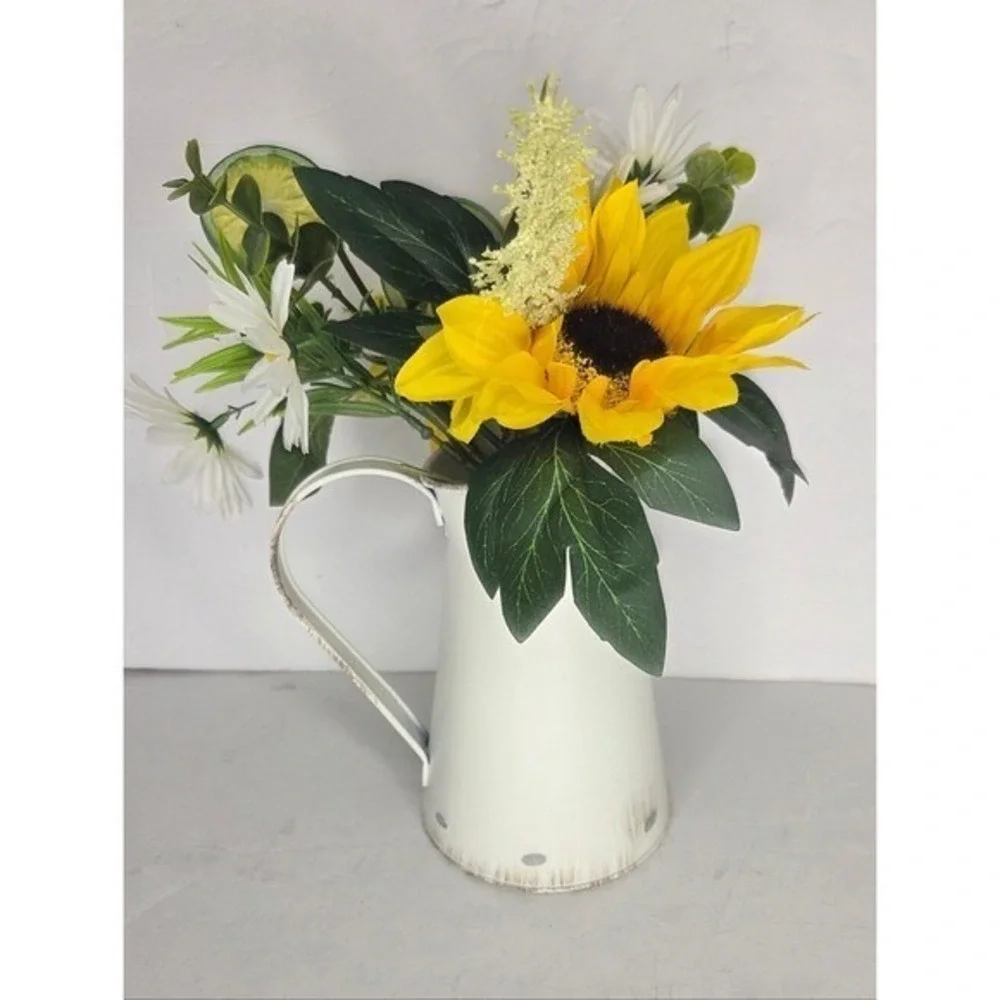 Yellow Sunflower Faux‎ Floral Arrangement in White Farnhouse Pitcher Vase